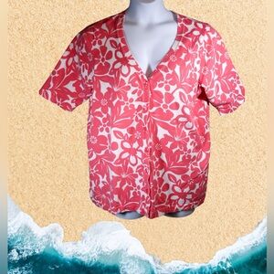 Pink and White Floral Tropical Short Sleeve Sweater